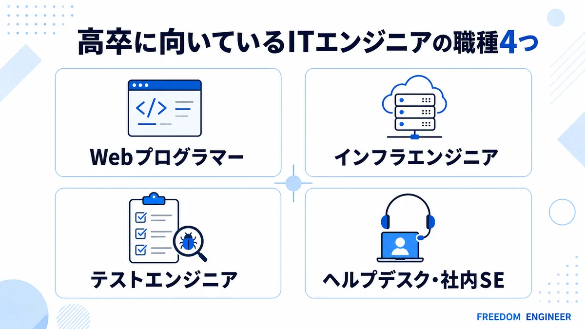 高卒に向いているITエンジニアの職種4つを示す図解
