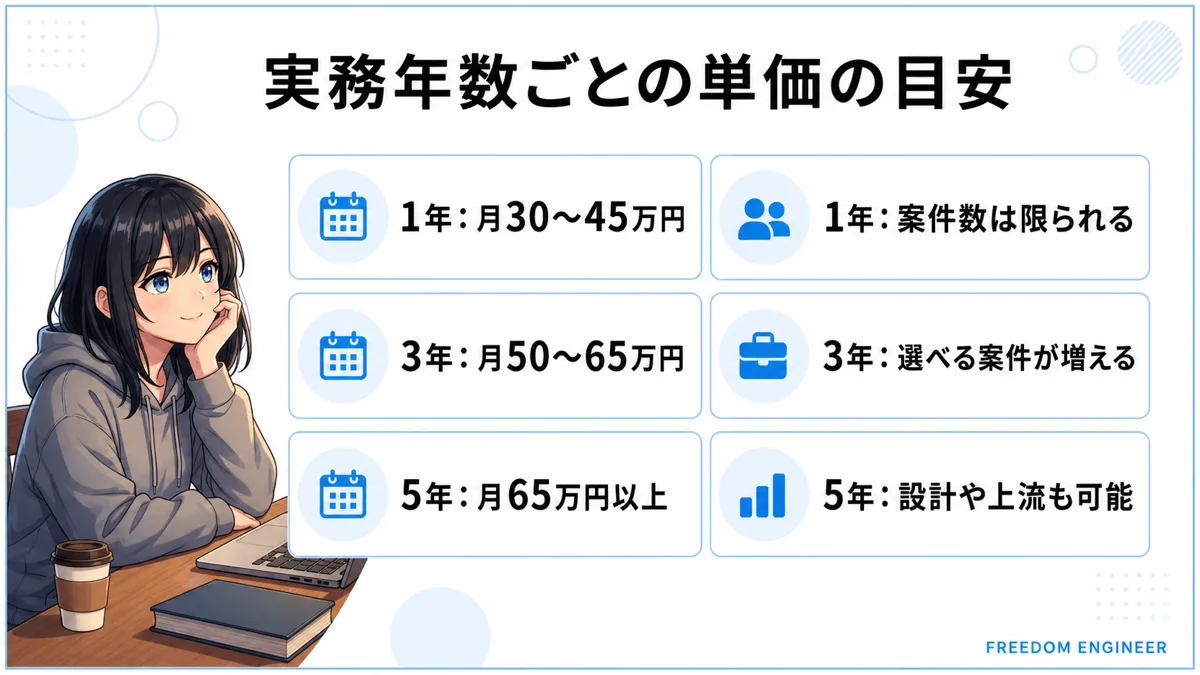 実務年数ごとのフリーランスエンジニアの月単価目安を比較した図