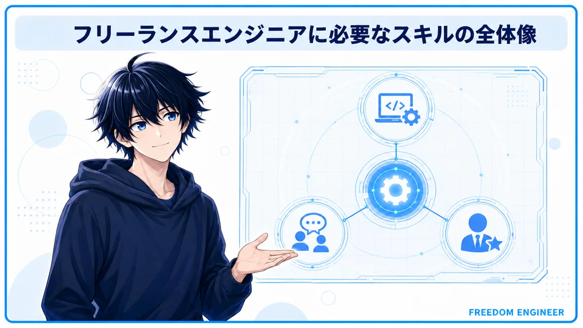 フリーランスエンジニアに必要なスキルの全体像を示す図解