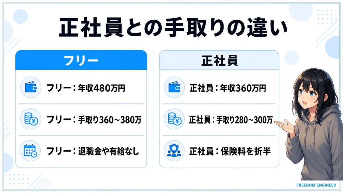 フリーランスと正社員の手取り額の違いを比較した図