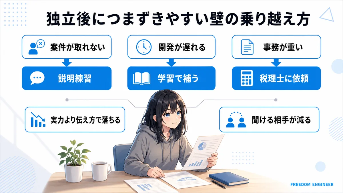 独立後につまずきやすい3つの壁と対策を示した図